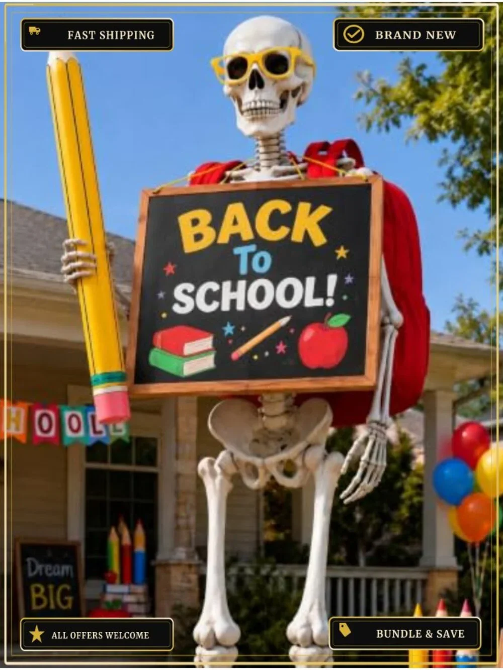12FT Skeleton Back to School Outfit, Giant Halloween Costume Accessories with